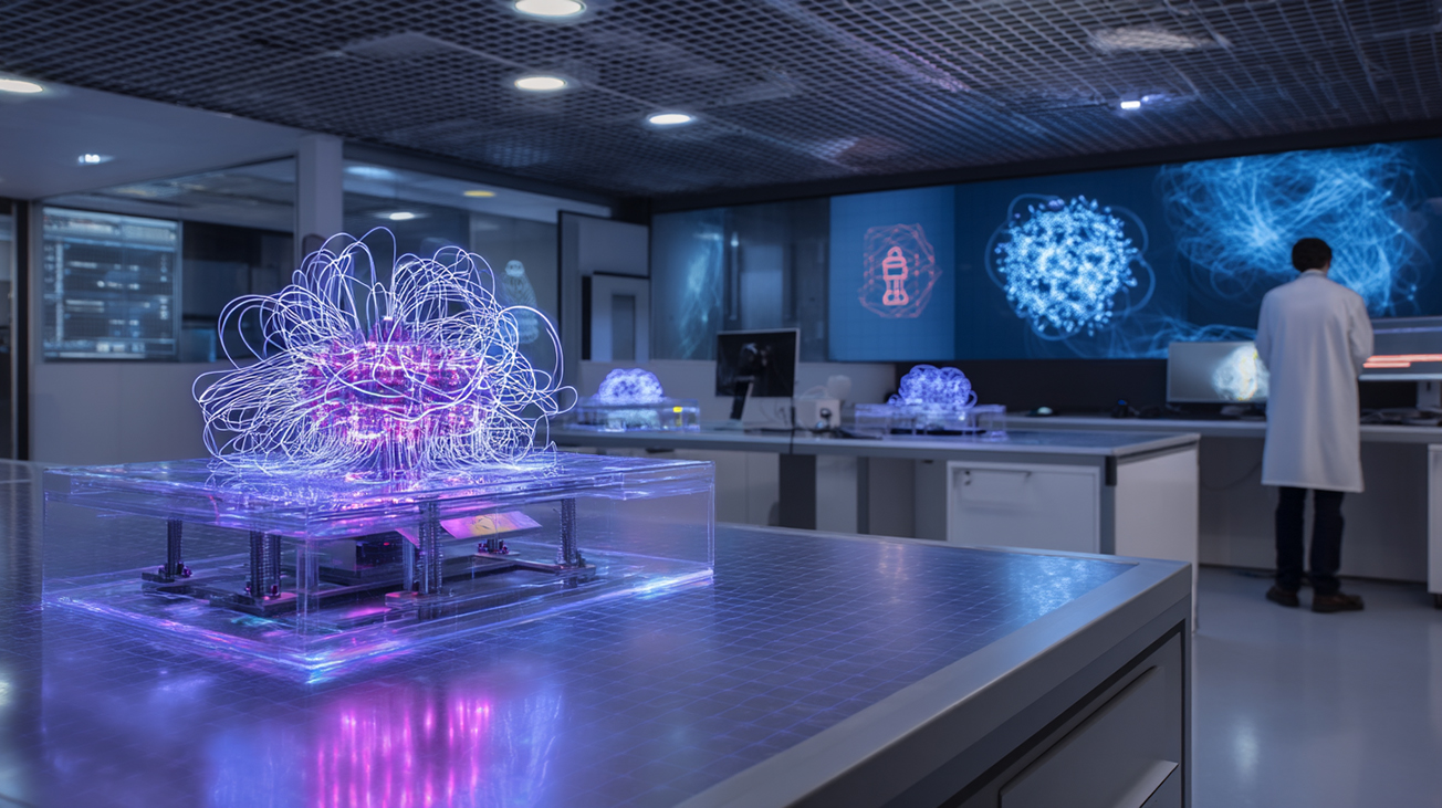 Illustrazione grafica di un possibile ambiente di calcolo quantistico, che per la sicurezza informatica impone lo sviluppo di nuovi metodi di crittografia quantistica